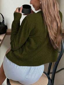 Cárdigan de punto con cuello redondo y diseño retorcido para mujer, chaqueta de suéter de color gris claro sólido y casual, blusa de primavera - Verde militar - Ver 4