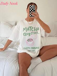 Women's Casual T-Shirt With 'Matcha Club Lover' Print, High Elasticity, Round Neck, Short Sleeve, Machine Washable, White, For Everyday Summer Wear, Comfortable Fit For All Seasons, Breathable Fabric, Simple Design For Everyday Wear, Casual Tops For Women, Streetwear For Holidays 2026 - 白色 - 查看 1
