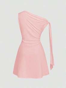 Vestido corto asimétrico con nudo en la cintura para mujer - Albaricoque - Ver 3
