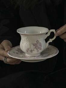 1 pieza Juego de vajilla de cerámica francesa retro rosa con relieve, que incluye plato de servir, taza de café y platillo, bol de arroz, bol de postre, vajilla, plato de cerámica, serie de taza de café y platillo, plato de postre, regalo de vacaciones/recuerdo Vuelta al colegio - Multicolor - Ver 11