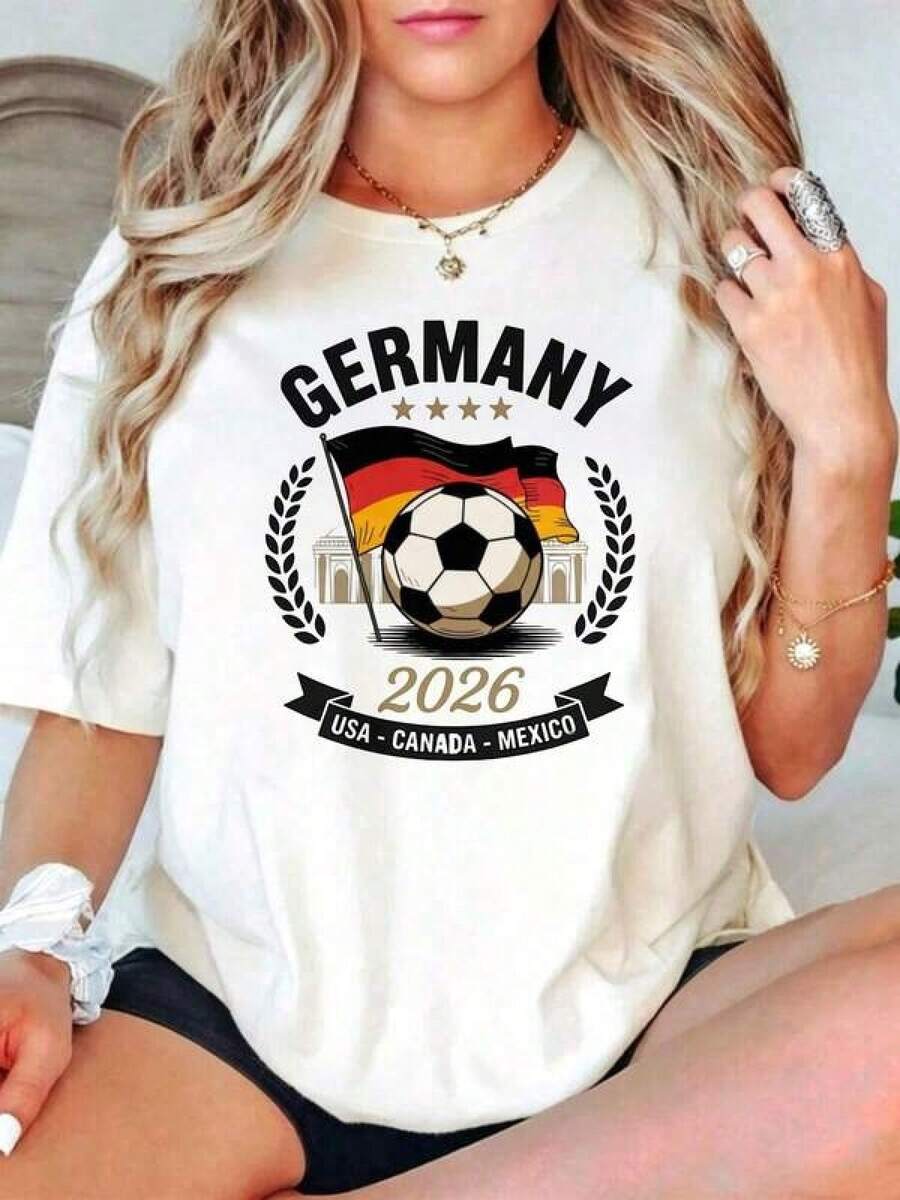 Impresión de letras eleganteCasual Style Women's T-Shirt Germany Football 2026 Usa Canada Mexico World Cup Design Summer Wear Gift For Soccer Fans,ropa de mujer holgada,un imprescindible para las vacaciones,disfraces y accesorios de Halloween,Camisetas de apoyo al Mundial,Conjuntos a juego para padres e hijos, camisetas para hombre, camisetas para mujer, camisetas para niños - Blanco - Ver 1
