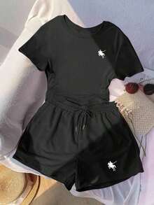 Conjunto casual de camiseta con estampado bordado de corazón y shorts de cintura elástica para mujer, adecuado para deportes al aire libre, regalo para mujeres, hermanas, mamá, Día de la Madre, Día de San Valentín - Negro 2 - Ver 1