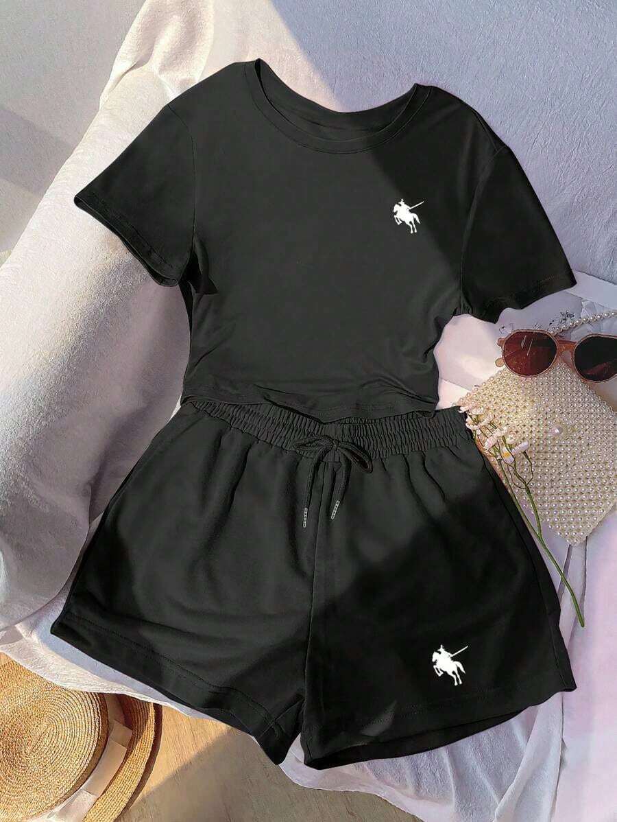 Conjunto casual de camiseta con estampado bordado de corazón y shorts de cintura elástica para mujer, adecuado para deportes al aire libre, regalo para mujeres, hermanas, mamá, Día de la Madre, Día de San Valentín - Negro 2 - Ver 1