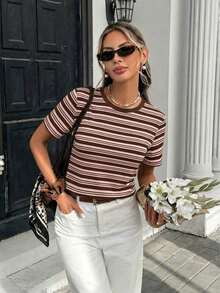 Camiseta holgada de cuello redondo y manga corta de estilo minimalista casual para mujer, con estampado de rayas, conjunto de ocio para mujer - Multicolor 6 - Ver 4