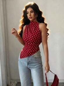 Camiseta de tirantes ajustada con dobladillo asimétrico a lunares rojos, top elegante blanco para mujer, tops elegantes a lunares blancos y negros, de tops para mujer, tops elegantes para mujer, tops casuales para mujer, últimos tops para mujer, nuevos lanzamientos - Rojo - Ver 6
