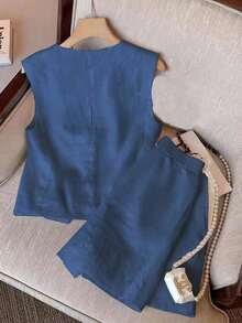2 piezas Conjunto casual de mujer con chaleco de un solo abotonado y pantalones cortos de unicolor - Azul - Ver 2