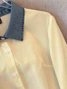 Camisa de efecto de mezclilla de parchwork casual para mujer, otoño/invierno - Albaricoque - Ver 3