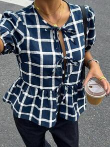 Camisa de mujer de cuello redondo de manga corta, camisa con estampado de cebra con lazo y manga abullonada, blusa de verano de cuello en V con volantes y manga abullonada de corte regular y ajuste casual para uso diario, blusa casual de estampado de animal de manga corta para primavera/verano - Azul marino - Ver 3