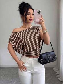 Camiseta casual de punto asimétrica y vintage, que estrecha la cintura y estiliza, con estilo francés de moda, adecuada para primavera/verano en el trabajo y para ir y venir - Multicolor 4 - Ver 6