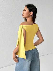 Camiseta de tirantes de unicolor informal con cuello de halter y lazada para el verano - Mostaza Amarilla - Ver 2