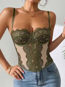 1 pieza Parte superior corta ajustada con adorno de encaje para mujer, top corset ajustado y sexy, adecuado para fiesta, viaje, reunión, Navidad, San Valentín, verano casual negro - Verde - Ver 1