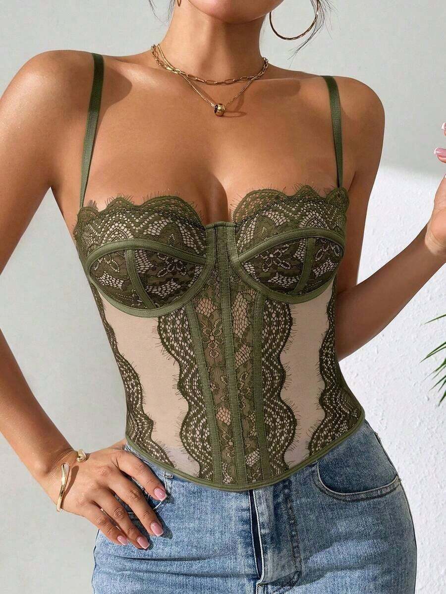 1 pieza Parte superior corta ajustada con adorno de encaje para mujer, top corset ajustado y sexy, adecuado para fiesta, viaje, reunión, Navidad, San Valentín, verano casual negro - Verde - Ver 1