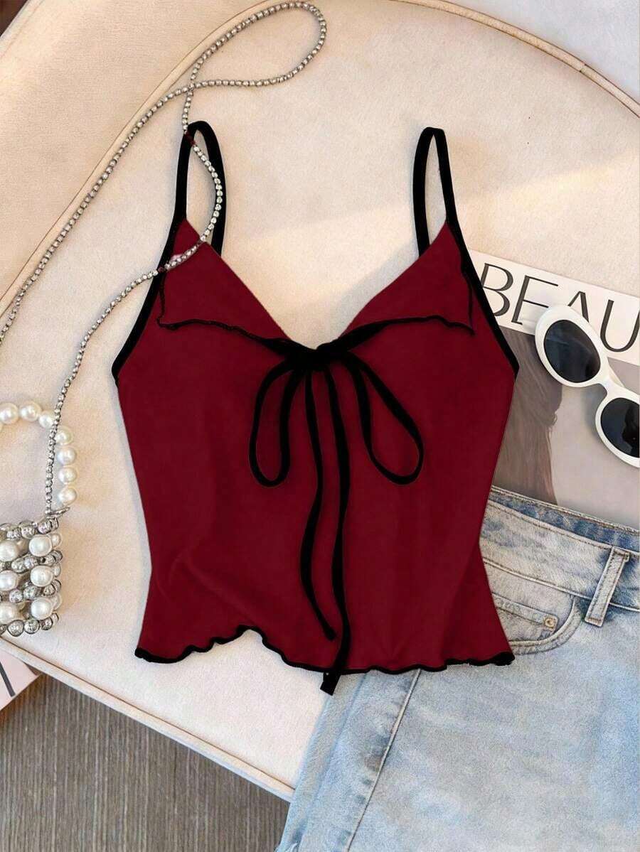 Top de tirantes con lazo y ribete de lechuga en contraste, elegante y ajustado, top para salir para mujeres, apto para el estilo del milenio - Burdeos - Ver 1