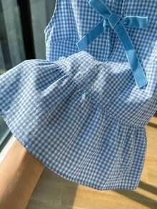 Camisa sin mangas a cuadros rojos y blancos tejida con nudo delantero para mujer - Azul - Ver 4