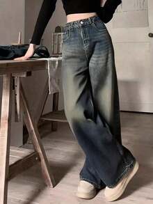 Jeans informales de pierna ancha con bolsillos para adolescentes - Agua verde azul - Ver 5