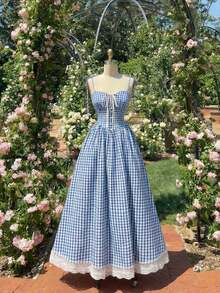 Vestido midi de estilo romántico y campestre con estampado de cuadros rojos y blancos - Celeste - Ver 8