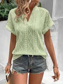 Camiseta suelta de mujer de manga de murciélago con escote en pico, de tela texturizada de unicolor, para verano y vacaciones - Verde 2 - Ver 1