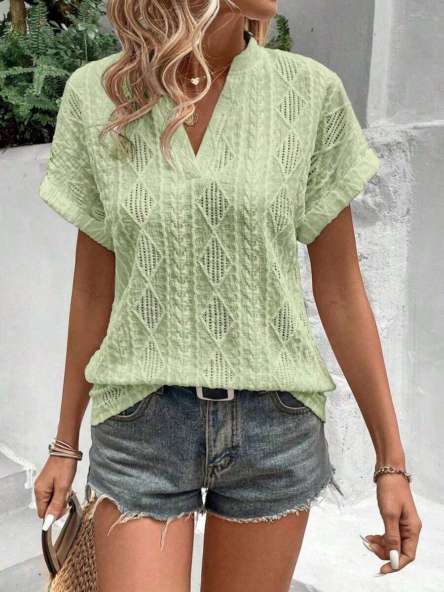 Camiseta suelta de mujer de manga de murciélago con escote en pico, de tela texturizada de unicolor, para verano y vacaciones - Verde 2 - Ver 1