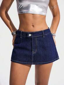 Minifalda de jean de moda con decoración de botón en la cintura para mujer - Azul lavado oscuro - Ver 4