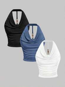 3 piezas Camiseta de mujer de unicolor con cuello drapeado de moda - Multicolor 3 - Ver 1