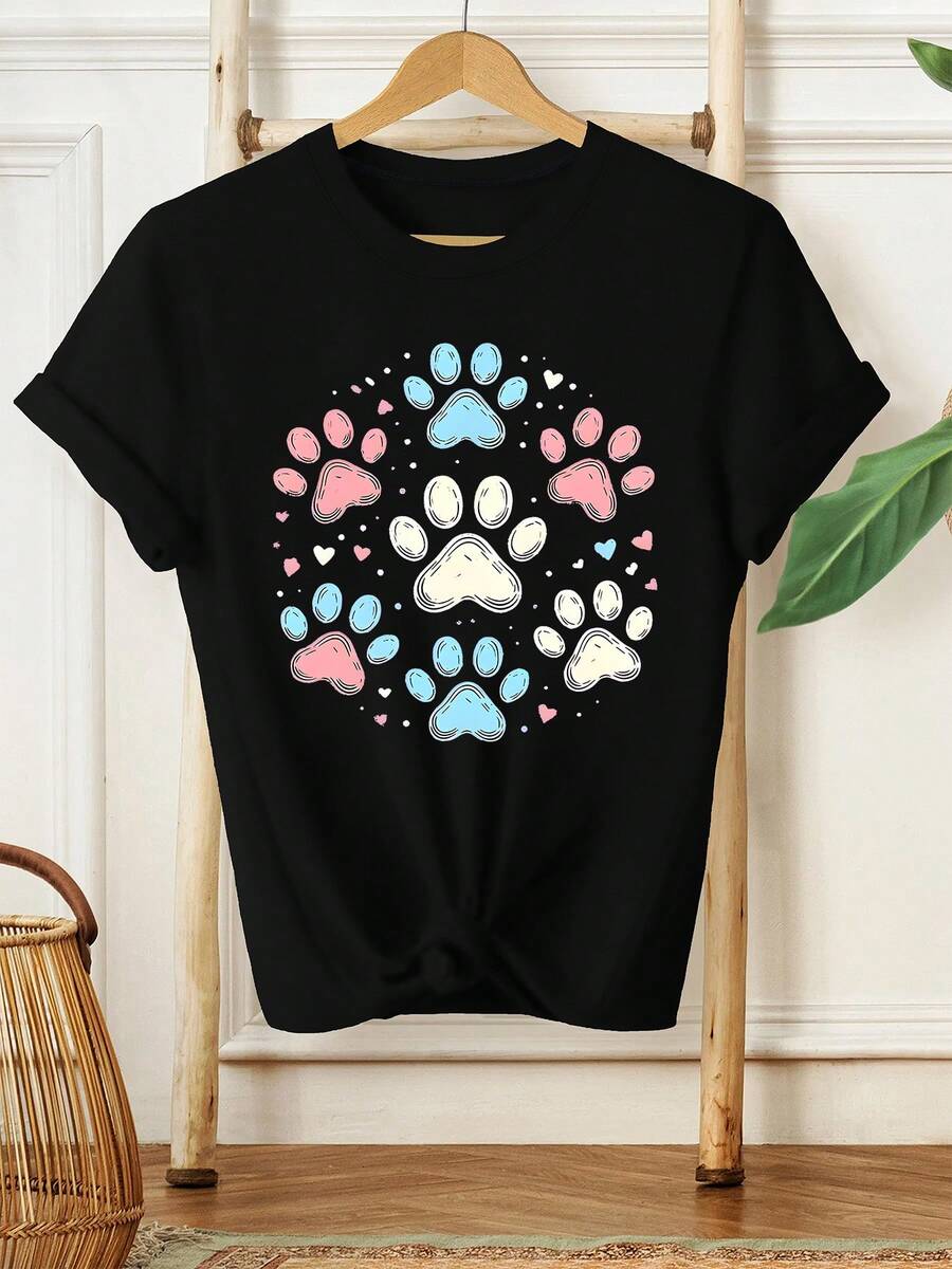 Talla Grande - Talla Grande - Nueva Camiseta de Verano para Mujer con Coloridas Huellas de Patas y Patrones de Corazón, Top Estampado Casual Elegante de Manga Corta para Damas Elegantes