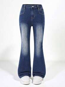 Explorewe Jeans de mezclilla estilo Y2K versátiles lavados y desgastados con pierna acampanada y elásticos para niñas adolescentes - Azul lavado oscuro 2 - Ver 3
