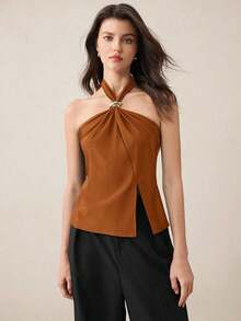 Top con cuello de halter, diseño de botón de metal verde, abertura lateral, elegante y chic para uso urbano y diario, estilo romántico retro de los 90.Adecuado para Navidad, Año Nuevo, San Valentín, fiestas, playa, graduación, moda, carnaval, bod - Marrón - Ver 6