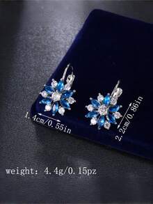 1 par de pendientes de cobre con circonita azul marino y estilo floral europeo y americano, elegantes pendientes versátiles para fiestas para mujeres - Azul - Ver 2
