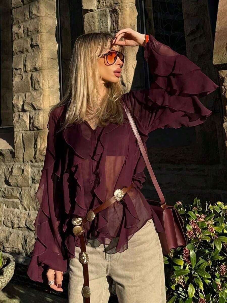 Camisa casual y elegante de mujer con mangas largas, diseño de volantes en capas y unicolor, adecuada para festivales de música/temporada de bodas, primavera/verano - Burdeos 2 - Ver 1