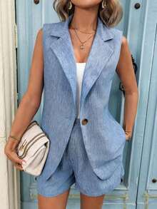 Conjunto de chaleco y pantalones cortos casuales para mujer, atuendo para ir al trabajo - Azul 2 - Ver 3