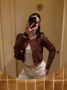 Nuevo cárdigan de punto para mujer de primavera/verano, estilo minimalista casual, cuello redondo de manga larga, diseño de botones de seta, cárdigan blanco abierto, adecuado para uso casual diario, ir al trabajo, salir, citas de vacaciones - Café rojo - Ver 7