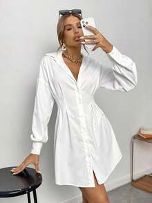 Privé Vestido camisero fruncido de hombros caídos - Blanco - Ver 6