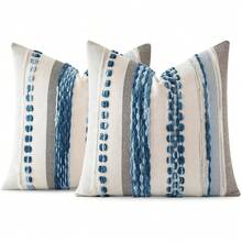 Boho Throw Pillow Covers Set Of 2, 18x18 Inch Striped Chenille - Black - View 2