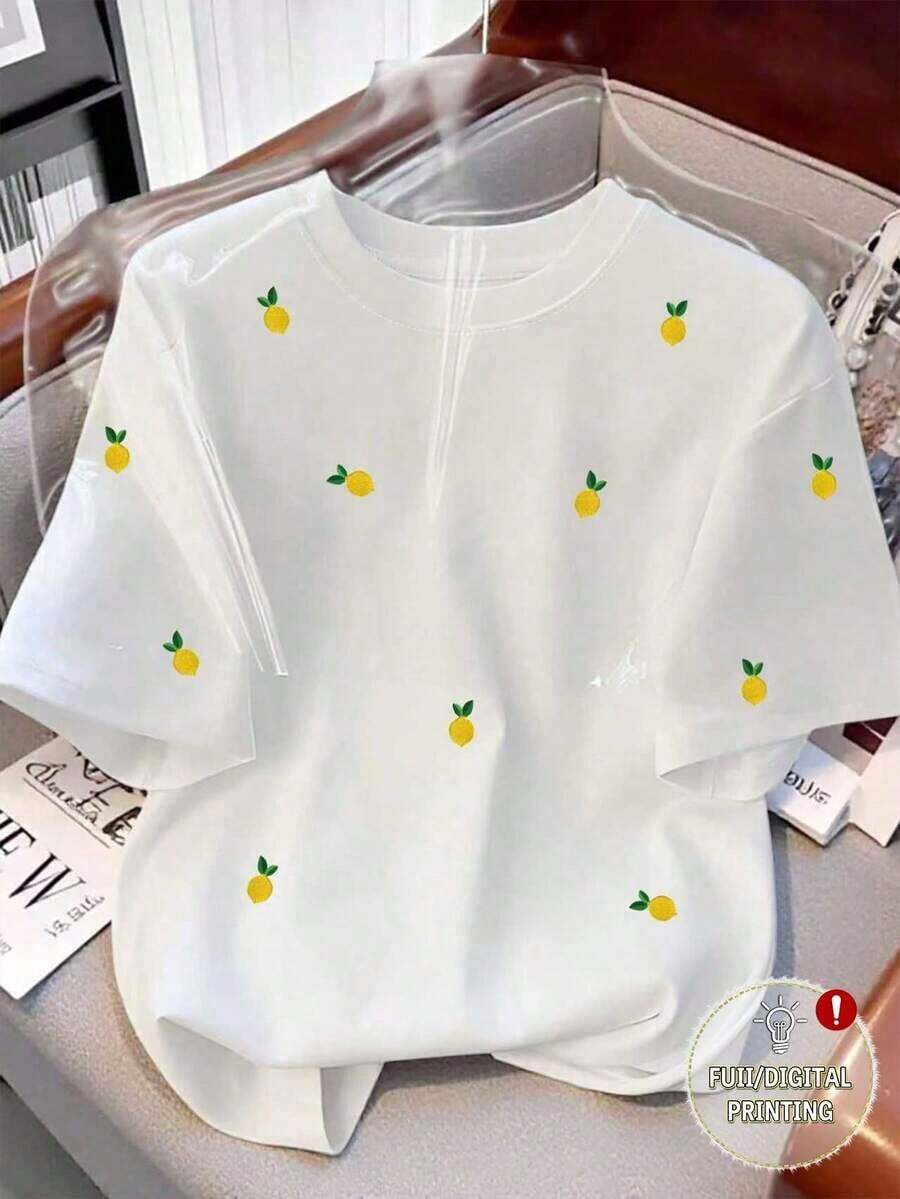 Camiseta casual de mujer con estampado de limón, camiseta gráfica con patrón de limón bordado falso de cuello redondo y estampado digital todo sobre - Blanco - Ver 1
