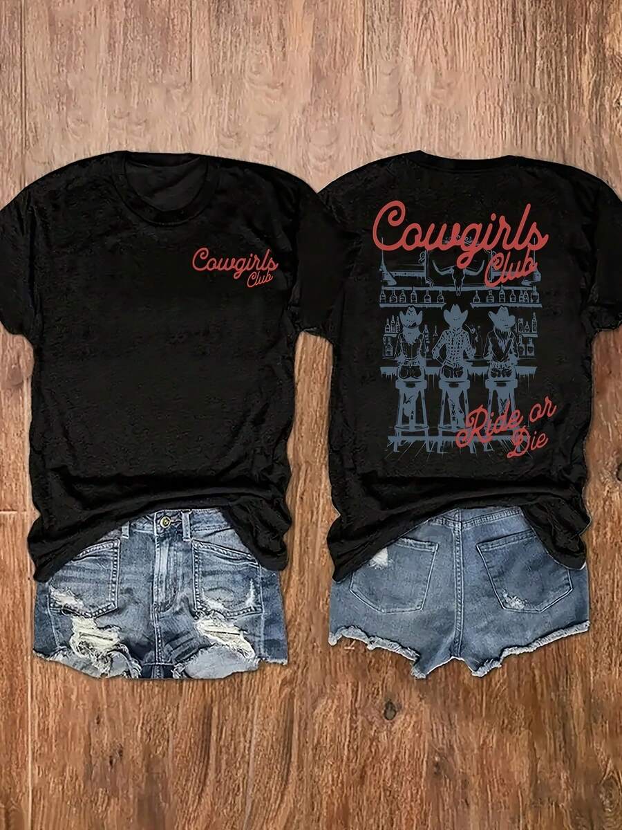 Women's 100% Cotton T-Shirts 2026, Graphic Print T-Shirt, Short Sleeve, Round Neck, Casual Top For Summer And Spring, Korean Style Women's Clothing - Black - View 1