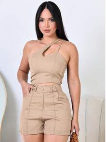 Conjunto Feminino Premium Cropped Assimétrico Sexy + Short Alfaiataria Cintura Alta Fashion - Bege - Visão 3