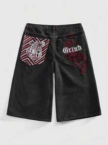 ROMWE MEN Street Life Pantalones cortos de mezclilla con doble cintura y bordado para hombres - Negro 3 - Ver 1