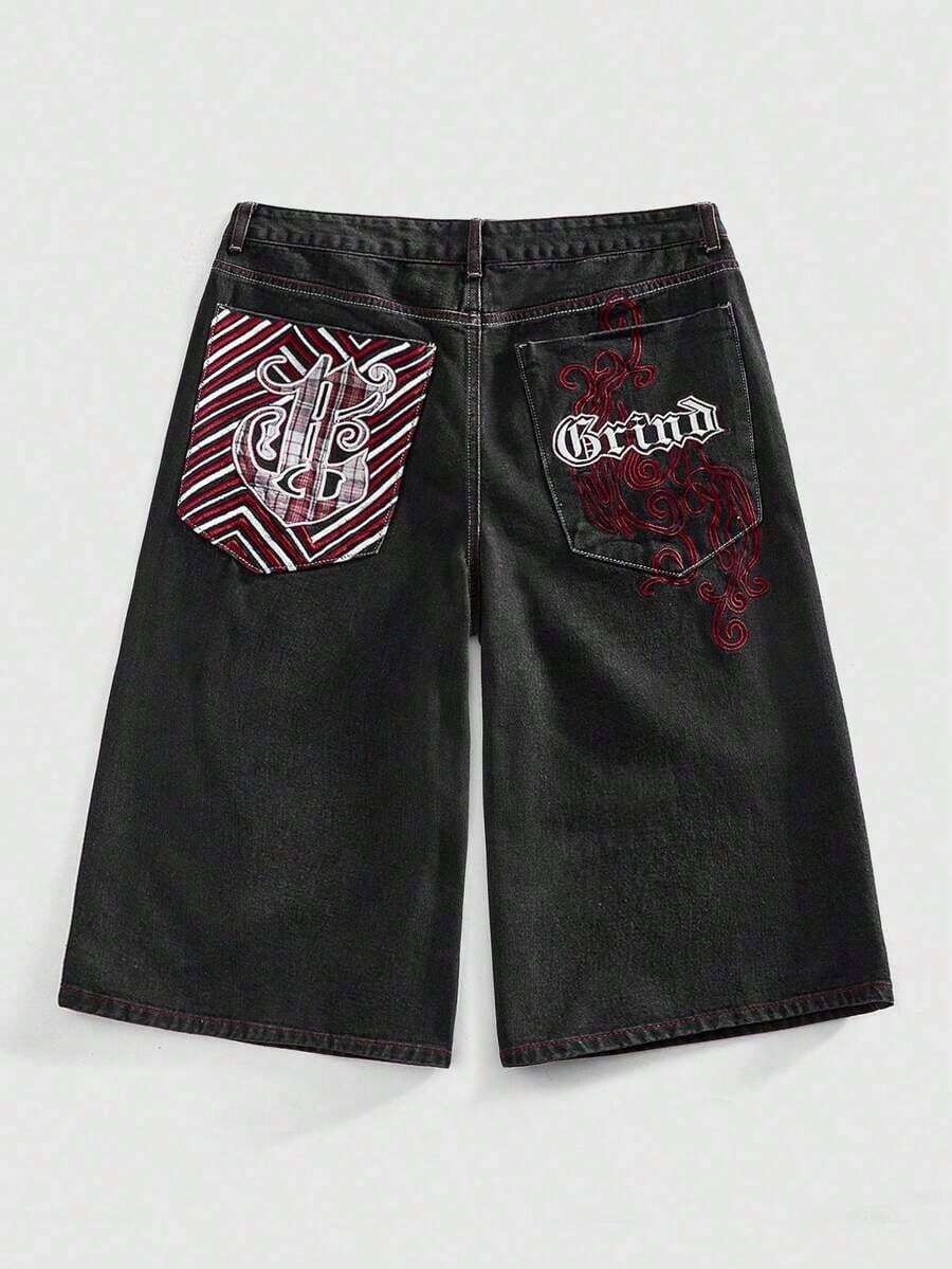 ROMWE MEN Street Life Pantalones cortos de mezclilla con doble cintura y bordado para hombres - Negro 3 - Ver 1