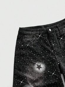 Pantalones cortos de mezclilla lavados con bordado de cruz de diamantes brillantes, de uso casual, de moda y para el transporte diario en verano para hombres - Negro 3 - Ver 6