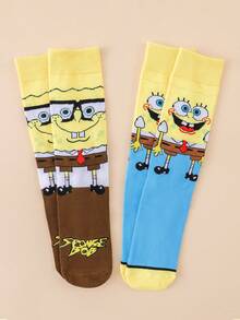 SpongeBob SquarePants 5雙隨機款 SquarePants 卡通中筒襪，適合街頭風與休閒穿搭，可愛校服與日常穿著 - 彩色 - 查看 15