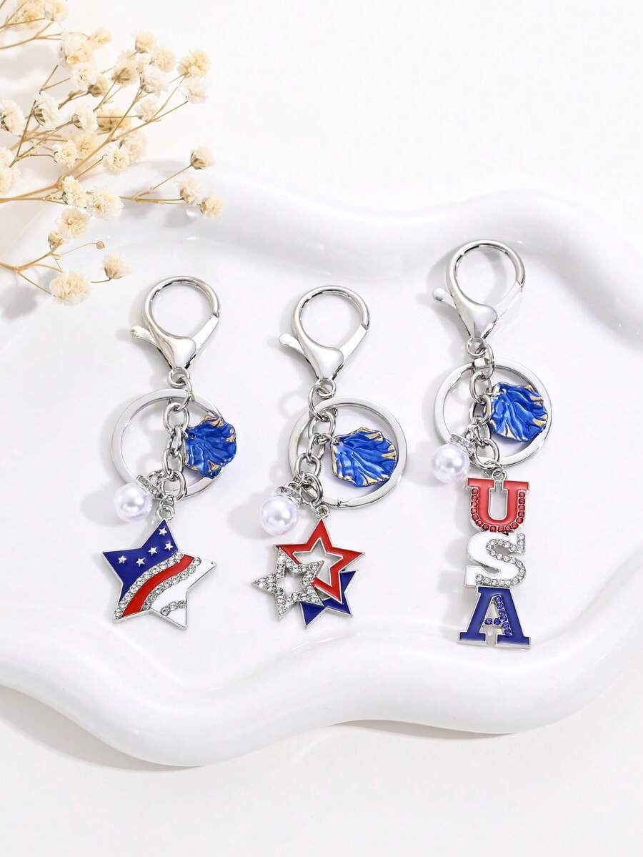 1 Stück modischer hochwertiger USA Flagge Farbe Kristall Stern Herz Buchstabe Schlüsselanhänger, Tasche/Auto Dekoration, Paar Anhänger, perfektes Geschenk für den amerikanischen Unabhängigkeitstag Patriot - Verschiedenfarbig - Übersicht 1