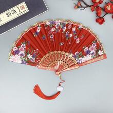 1 pieza Abanico plegable de seda roja con ribete dorado, colgante de nudo bordado estilo chino, accesorio tradicional para danza china - Rojo - Ver 7