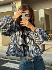 Blusa de cuello redondo de estilo vaquero, hippie y vintage para mujer, nueva llegada del verano 2025 - Blanco y Negro - Ver 5