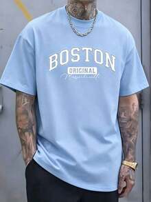 Original Design Men's T-Shirt 100% Cotton | Short-Sleeved, Crew-Neck T-Shirt, Soft And Breathable, With A Striking "Boston" Print, Suitable For All Seasons, Making It An Ideal Choice For Casual Wear And Holidays Such As Christmas, Easter, Halloween And Thanksgiving. - 藍色 - 查看 1