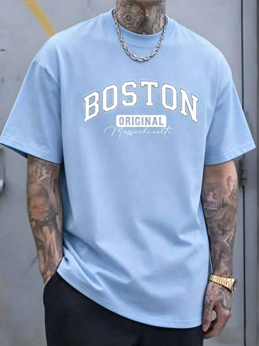 Original Design Men's T-Shirt 100% Cotton | Short-Sleeved, Crew-Neck T-Shirt, Soft And Breathable, With A Striking "Boston" Print, Suitable For All Seasons, Making It An Ideal Choice For Casual Wear And Holidays Such As Christmas, Easter, Halloween And Thanksgiving. - 藍色 - 查看 1