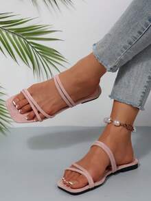 Sandal Datar Wanita Model Persegi dengan Banyak Tali, Cocok untuk Jalan-jalan, Kencan, Liburan, di Rumah, Santai, Bepergian, Pesta di Musim Panas & Gugur - Berwarna merah muda - View 7