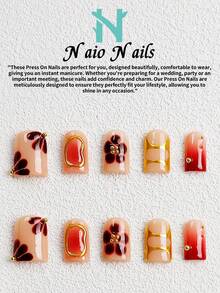 NAIO 10pcs/Set Handmade Press On Nails 3 Sizes Available: Coffin/Almond/Short Square Nail Tips, Y2K Baddie Style, Nude, Red And Gold Color With French Edge, Gold Nail Polish With A Gradient Sunburn Color, Featuring Floral And Gilded Designs, And Adorned With Gold Bead Embellishments. Cream Texture, Suitable Fashionable And Avant-Garde For Women And Girls, Party, Daily Wear, Comes With Tool Kit, Great Gift For Ladies Nails Nail Supplies - Multicolor - View 15