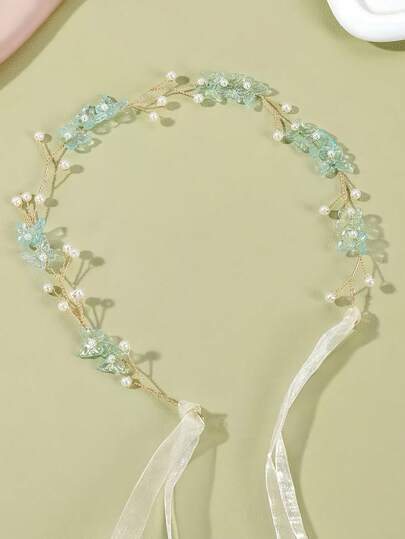 1 pieza Diadema decorada con perlas y flores hecha a mano para mujeres, perfecta para novia, boda, fiesta, elegante estilo bohemio para el Día de San Valentín