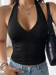 Sexy & Fashionable Deep V-Neck Halter Backless Ruched Bodycon Tank Top, New Arrival Spring/Summer Casual Black - Black - View 3