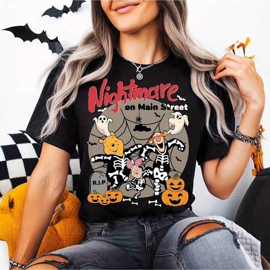 Winnie Nightmare Street , Pooh Halloween T-, Spookean , Pumpkin , Pooh Bear Halloween - Negro - Ver 1